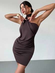 Firerie Women's Mocha Asymmetric Flare Sleeve Mini Dress, Pleated Ruffle Fitted Dress, Fashionable Casual Dress Suitable For Commuting, Elegant, Sexy, Vacation, Beach, Bohemian, Hawaii, Music Festival, Party, Work Attire, Spring/Summer/Autumn/Winter,Wedding Guest Dress,Elegant Dresses For Women,Fall Wedding Guest Dress