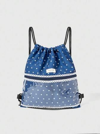 Blauer Stern Muster Kontrast Spitzenbesatz Transparenter Reißverschluss Tasche Großer Kapazität Multifunktions Kordelzug Rucksack, süßer Anime-Stil geeignet für Schule, Pendeln, täglichen Gebrauch