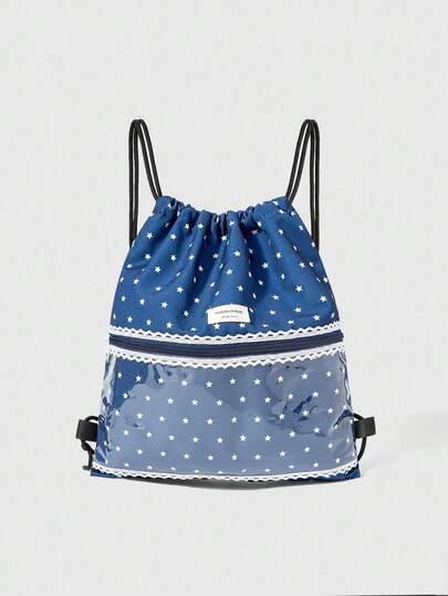 Anime حقيبة ظهر سحابية كبيرة السعة متعددة الوظائف مع جيب شفاف وشريط دانتيل بطبعة نجوم زرقاء، بتصميم كيوت أنمي مناسبة للمدرسة والتنقل والاستخدام اليومي العادي