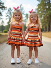 SHEIN Gaun Bayi Perempuan Kasual Sederhana Nyaman Model Halterneck Bergaris Motif Bunga 3D - Jeruk - View 13