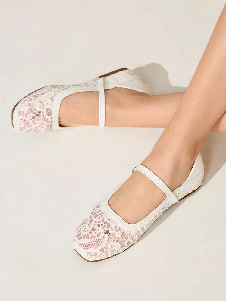 CUCCOO CHICEST Women's Round Toe Low Heel White Lace Mesh Fabric Comfortable Breathable Fashion Minimalist Elegant White Buckle Strap Mary Jane Flat Shoes