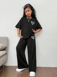 SHEIN Girlism 青少年女孩休闲家居服时尚街头风格超大圆领宽松落肩心形印花短袖运动衫和褶皱阔腿裤套装，针织运动衫和裤子套装 - 黑色 - 查看 4
