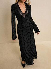 Poéselle Elegant Black Floral Lace Maxi Dress For Women,Autumn V Neck Long Sleeve Evening Gown,Gothic Formal Party Dining Dress,Vintage Inspired - Black - View 5
