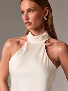 AiiRZ Đầm Maxi dạ hội cổ cao thanh lịch, dáng ôm vừa vặn, dài chấm đất, dành cho khách dự tiệc cưới, váy dài bằng vải satin cho những dịp đặc biệt - Màu be - Xem 4