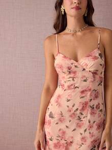 Enchnt 秋冬浪漫女士优雅粉色花卉印花拼布荷叶边下摆修身优雅吊带长裙，甜美优雅，适合度假、约会、节日、派对、毕业典礼、婚礼宾客和海滩、舞会礼服、优雅派对礼服 - 粉色 - 查看 2