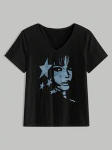 复古风格五角星和人物印花 V 领短袖 T 恤，适合春夏季的美观休闲衬衫 - 黑色 - 查看 3