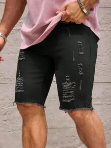 Manfinity Homme 男式破洞毛边牛仔短裤 - 黑色 - 查看 3