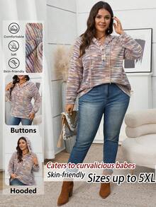 EMERY ROSE 大码女式扎染长袖纽扣半襟抽绳连帽休闲运动衫