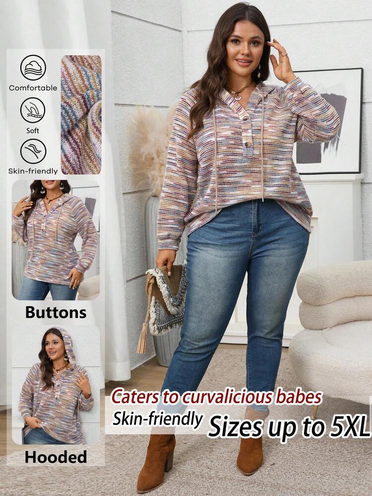 Plus Size Women Tie-Dye Long Sleeve Button Half Placket Drawstring Hooded Casual Sweatshirt,Fall For Women,Chic Autumn&Winter,Fall For Women