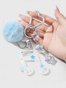 ROMWE Anime 1 件，简约，高品质蓝色毛绒球，亚克力星星和音符 DIY 钥匙扣和包包饰品，适合女性，日常佩戴或送礼