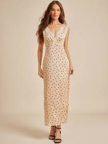 WESTFADE 波尔卡圆点缎面蕾丝 V 领修身无袖长裙秋季返校服装乡村音乐会服装 - 杏色 - 查看 1