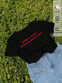 SHEIN EZwear Casual Minimalist Pattern Round Neck Short Sleeve Fitted Cropped Women T-Shirt, Suitable For Summer - Black - View 9