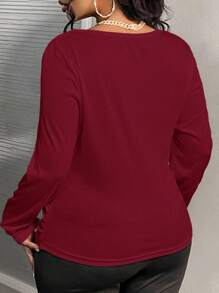 Slaydiva Blusa de manga larga con cuello cuadrado, cintura fruncida, talla grande y estilo casual - Burdeos - Ver 2