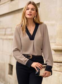 EMERY ROSE Contrast Trim Blouse - Khaki - View 1