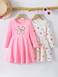 Genkimix Kids مجموعة فستان بطبعة زهرية جميلة للبنات، طويل الأكمام بياقة مستديرة وقصة A-line، لون أبيض وزهري، مناسب للارتداء اليومي في فصل الخريف