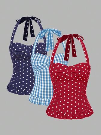 ROMWE Avant Conjunto de camiseta sin espalda con cuello halter de estilo romántico de vacaciones con lunares y cuadros para mujer