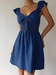 Aloruh 女士牛仔迷你连衣裙，休闲修身，蓝色 - 中等水洗藍 - 查看 3