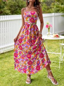 KARISMINA Vestido De Tirantes Con Estampado Floral Y Ajustado A La Cintura Para Mujeres - Rosa Fucsia - Ver 3