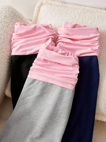 3 件套青少年女孩宽松直筒运动裤，腰带拼接撞色高弹针织面料，褶饰侧边，休闲裤，秋季 - 彩色 - 查看 5