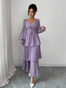 Modelyn French Design Tie-Up Cake Dress Fall Cloth For Women - Purple - View 4