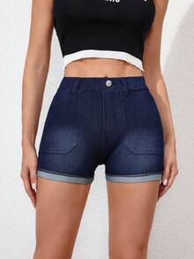 SHEIN EZwear Shorts vaqueros ajustados de verano para mujer con bolsillos inclinados elásticos y puños - Azul - Ver 3