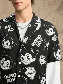 Astro Boy X SHEIN Men's Cartoon Figure Graphic Black Button-Front Short Sleeve Shirt - Black - View 6