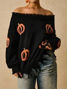 SHEIN VCAY 大码休闲提花露肩斜领温暖柔软百搭南瓜图案万圣节毛衣，秋季南瓜毛衣露肩毛衣女毛衣流苏毛衣 - 藕粉色 - 查看 6