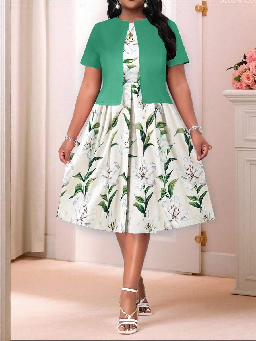 SHEIN Lady 春夏秋冬休闲波西米亚风婚礼绿色加大码套装 - 彩色 - 查看 1