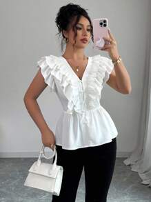 Elenzga 女式夏季优雅V领双荷叶边下摆收腰衬衫