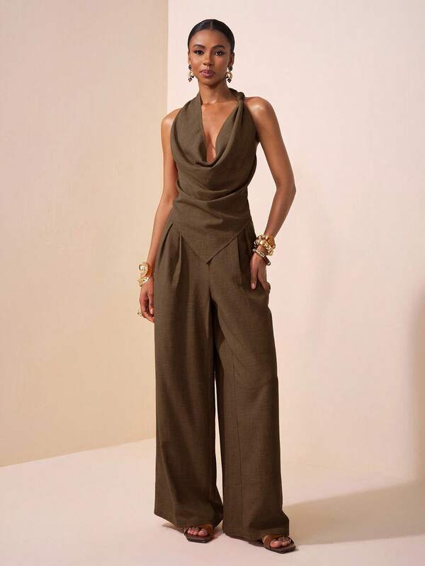 Zivah 2025 Spring/Summer New Music Festival, Easter, St. Patrick's Day, Western, Nomadic, Birthday Party, Graduation, College Style, Student Wear, Casual Everyday, All-Match Versatile, Leisure, Cruise Travel, Beach, Sunbathing, Viral , Streetwear, Wedding Guest Boho, Commute, Brunch, Airport Outfit - Asymmetric Knot Design Pointed Top In Brown Textured Fabric, Flared Collar Top And Wide Leg Pants Suit Set
