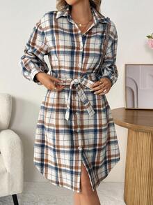 SHEIN LUNE Vestido camisero casual de mujer de manga larga a cuadros, vestido a cuadros de mujer de manga larga, vestido camisero a cuadros de mujer, vestido a cuadros de mujer para otoño