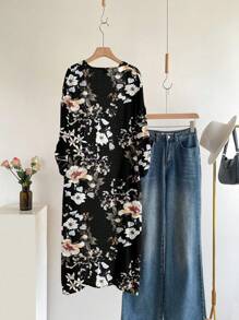 SHEIN LUNE 女士外套冬季秋季上衣秋季女士秋季办公室服装外出花卉和服 - 彩色 - 查看 2