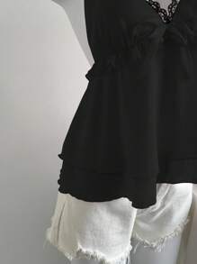 Flirla Black Elegant V-Neck Ruffle Trim Chiffon Layered Cami Top, For Going Out - Black - View 7