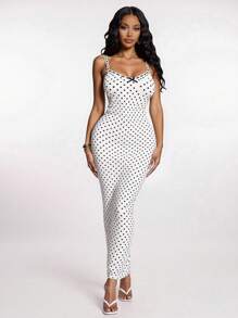 SHEIN SXY Women's Casual White Polka Dot Slip Dress, Comfortable Home Dress Polka Dot Dress White Polka Dot Dress Long Polka Dot Dress Summer Dress Bodycon Dress - Multicolor - View 2