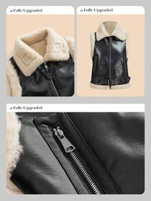 Anewsta 女士休闲拉链背心夹克，带毛领，适合秋冬季日常穿着 - 黑與白 - 查看 3