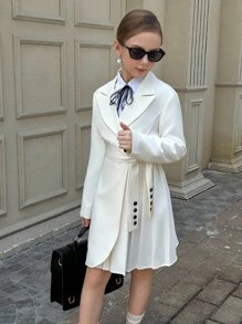 Tween Girls Daily Commute British Style Long Waist Cinched Pleated Tie Slim Fit Jacket, Suitable For Daily Commute Wear - White - View 4