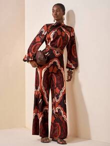 Zivah 2025 夏季新款音乐节、复活节、母亲节、婚礼季、出席婚礼、生日派对、日常穿着、百搭百搭、休闲、度假、邮轮旅行、海滩、日光浴、病毒式传播、街头服饰、优雅、通勤交叉领灯笼袖阔腿裤、对称复古印花女式连体裤 - A - 彩色 - 查看 4