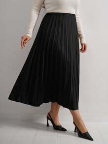 EURMUSE Váy da PU xếp ly cạp cao cỡ lớn không kèm thắt lưng - màu đen - Xem 3