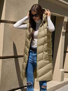 SHEIN Cottnline Sleeveless Hooded Pocket Zip-Up Jacket - Beige - View 5