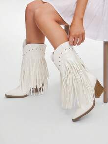 Solezae #BeyonceConcertLook Women's Block Heel Fringe PU White Western Cowgirl Boots – Fold-Over Tassel Design, Chic & Statement-Making For Festivals, Concerts & All Your Boldest Fashion Moments. - White - View 4