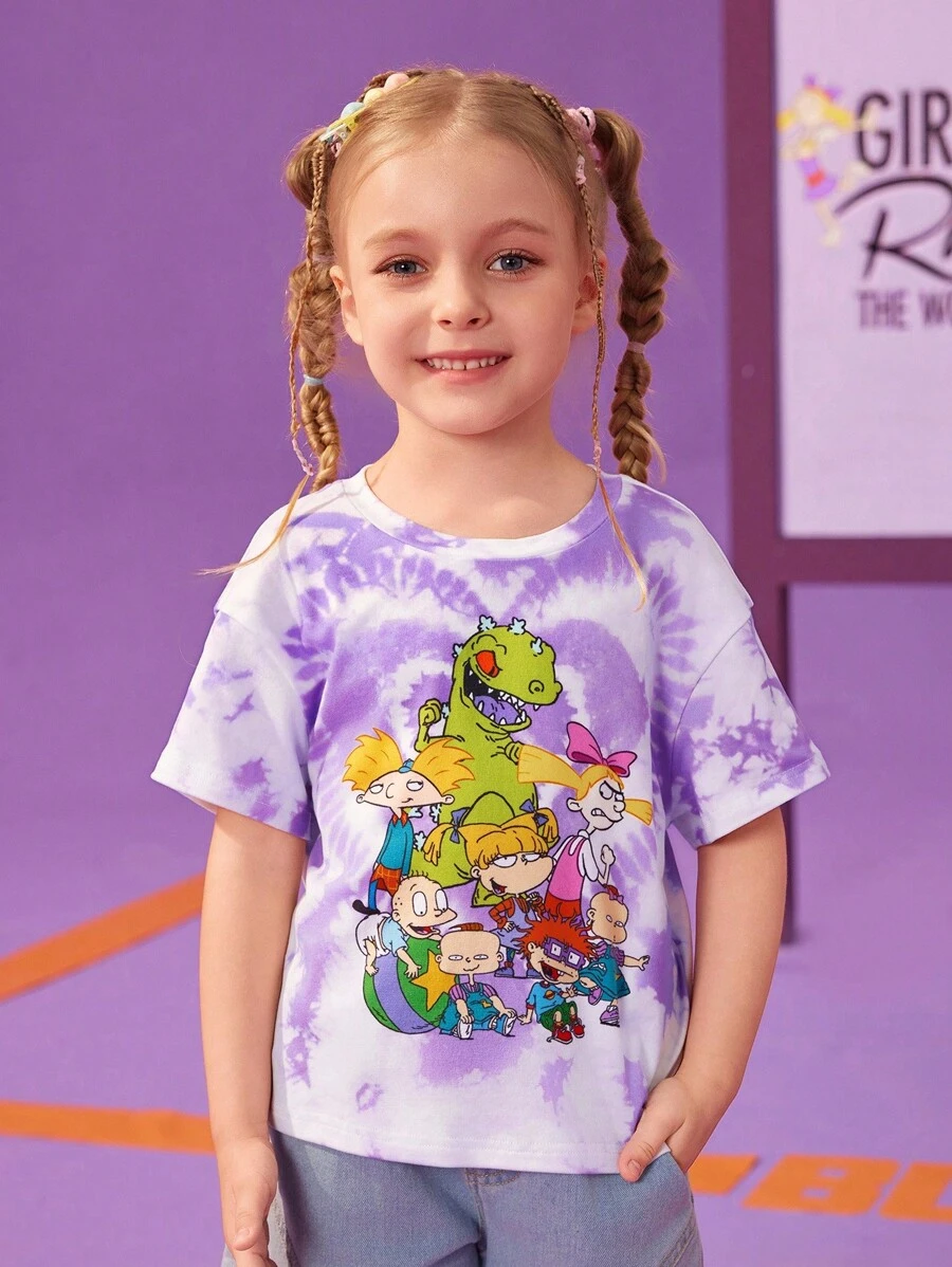 Nick 90s | SHEIN Young Girl Cute Cartoon Figure Graphic Purple Tie-Dye Heart Print Round Neck Loose Knit Short Sleeve T-Shirt - Multicolor - View 1