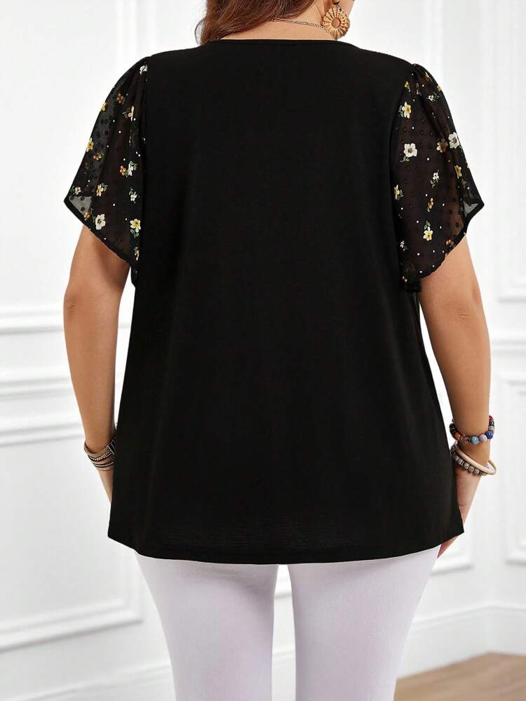 Blouse habillée à manches volantées, col lavallière et imprimé floral, grande taille pour femmes