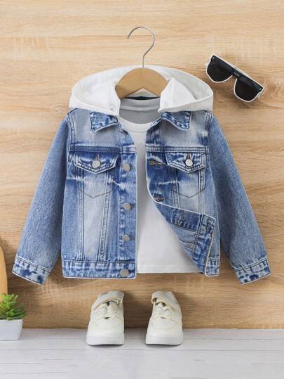 Young Boy /Toddler Boys' Denim Jacket And Coat, 2025 Fall/Winter New Denim Jacket ,Casual Fashion Retro Personalized All-Season Punk Style Distressed Hooded White Denim Long Sleeve Blue Jacket Outerwear, Casual & Sports Style Kids Denim Jacket Kids Jeans Jacket Toddler Denim Jacket Boys Denim Jacket Everday Wear,Vacation,Go To School ,First Day Of Kindergarten ,First Grade,For Kids Boy,First Day Of School