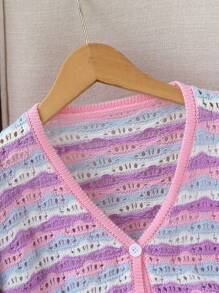 Tween Girls' Cute Colorblock Cardigan Pink Stripe,Autumn,Holiday,Back-To-School Wave Pattern Hollow-Knit Flared Sleeve Sheer Cropped Sweater Cover-Up - Multicolor - View 5