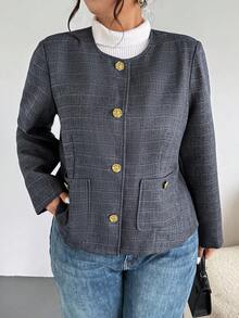 Firerie Plus Size Women's Simple Gray Collarless Commute Daily Minimalist French Elegant Jacket Winter Fall Autumn - Grey - View 5