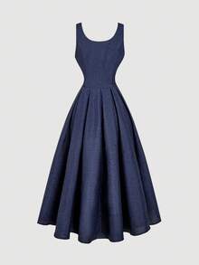 SHEIN MOD Váy midi thắt eo phía trước có cổ cài nút màu xanh navy - Màu xanh hải quân - Xem 2
