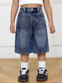 SHEIN Y2K 风格少女基础款宽松蓝色七分牛仔裤，适合春夏休闲度假、乡村波西米亚风、海滩、西部街头风，也适合春假、锐舞音乐节等场合，秋冬季皆宜。 - 深色水洗藍 - 查看 5