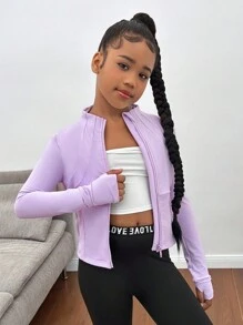 SHEIN Tween 女童轻便拉链夹克，透气运动外套，适合跑步、健身、瑜伽等所有季节穿着 - 淡紫色 - 查看 3