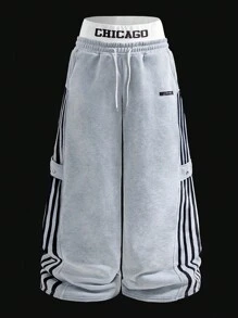 男士 INS 芝加哥休闲街头风套装，送给说唱歌手男友/老公的礼物，周年纪念礼物，时尚阔腿运动裤 - 淺灰色 - 查看 1