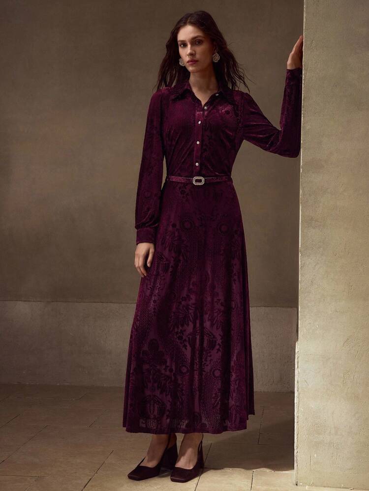 VELVET JACQUARD EMBOSSED ELEGANT MIDI DRESS